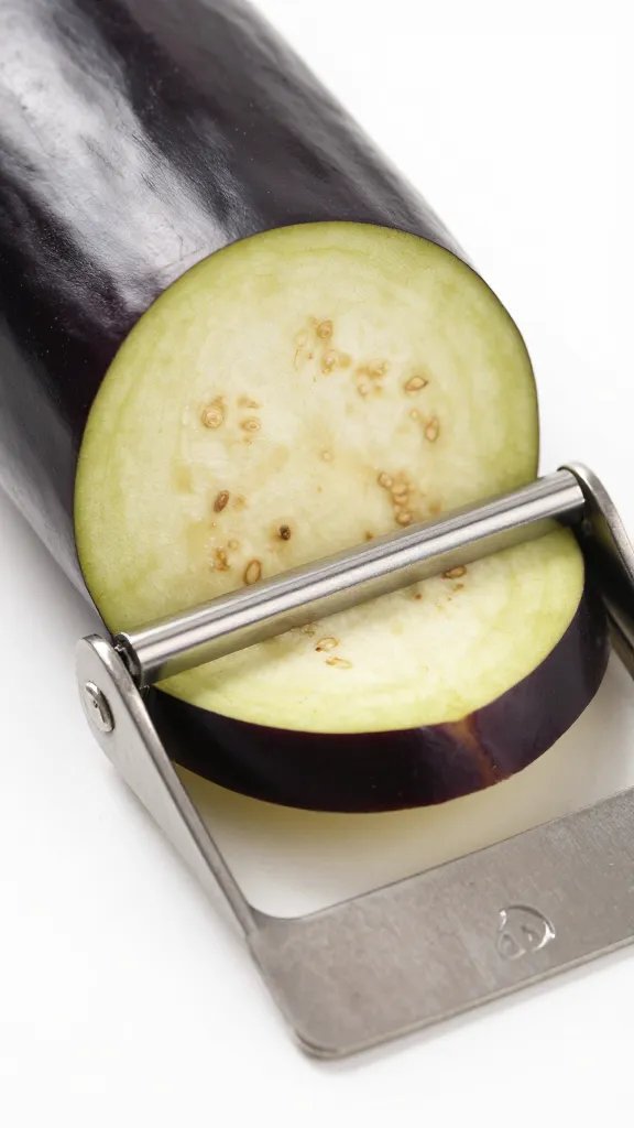 thin eggplant slice on mandoline blade, macro shot
