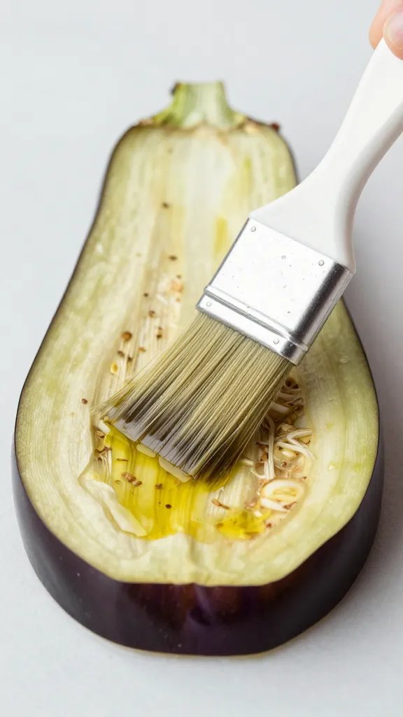 brushed olive oil on eggplant slice with pastry brush