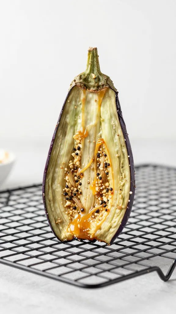 baked eggplant chip standing upright on cooling rack