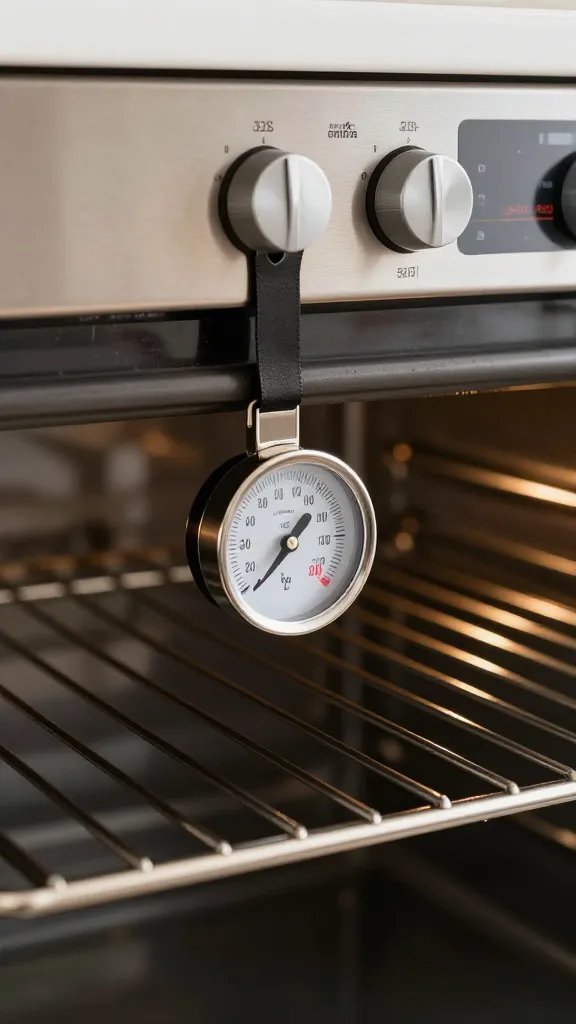 oven thermometer clipped to rack in preheated home oven