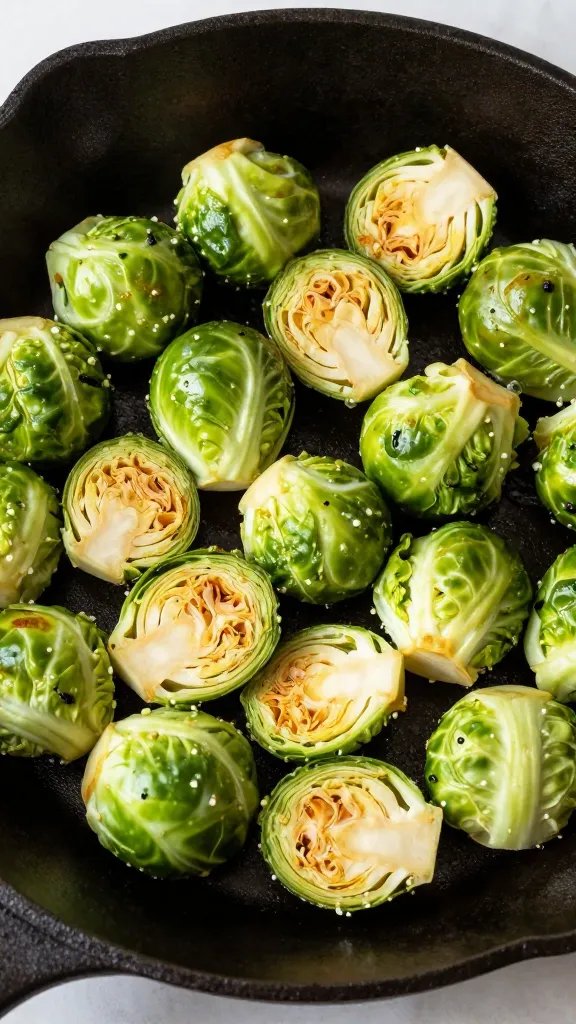 halved brussels sprout, cut-side crisp, in cast-iron skillet