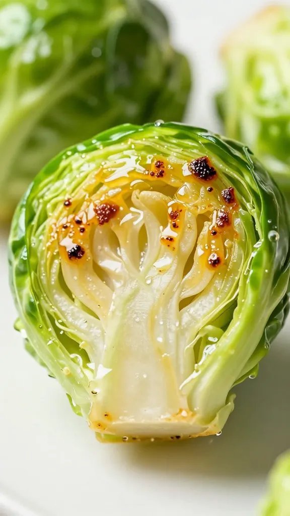 single brussels sprout cut-side sear, glassy-brown, macro shot