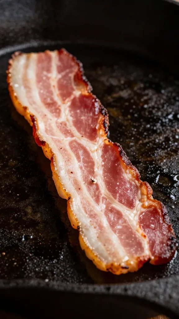 slice of crispy bacon resting in hot cast-iron