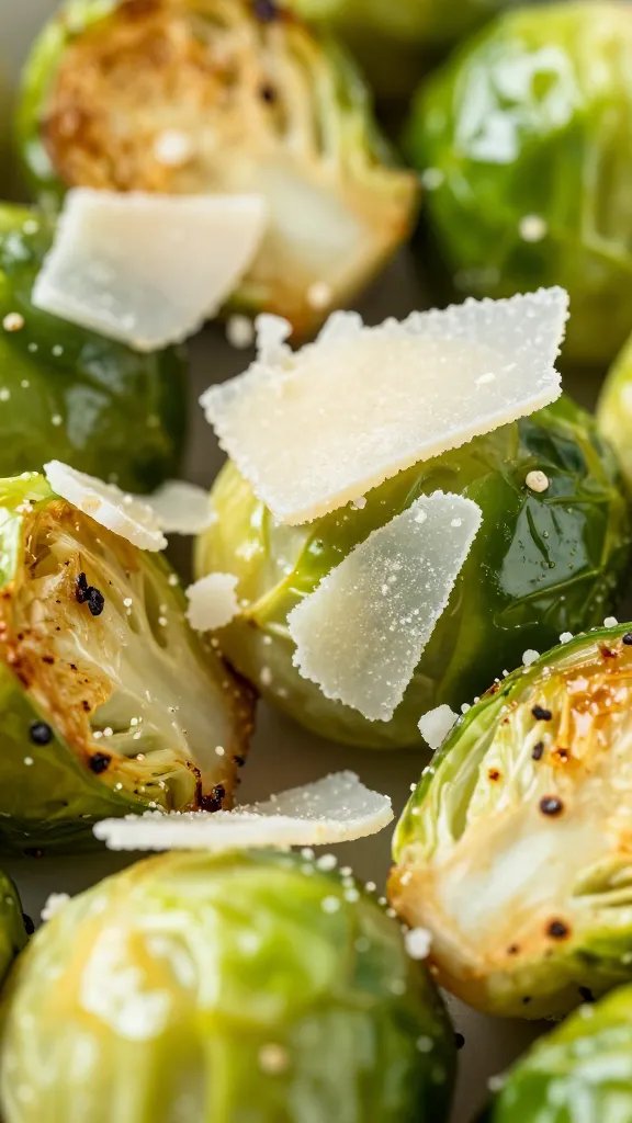 parmesan shards on seared brussels sprout, extreme closeup