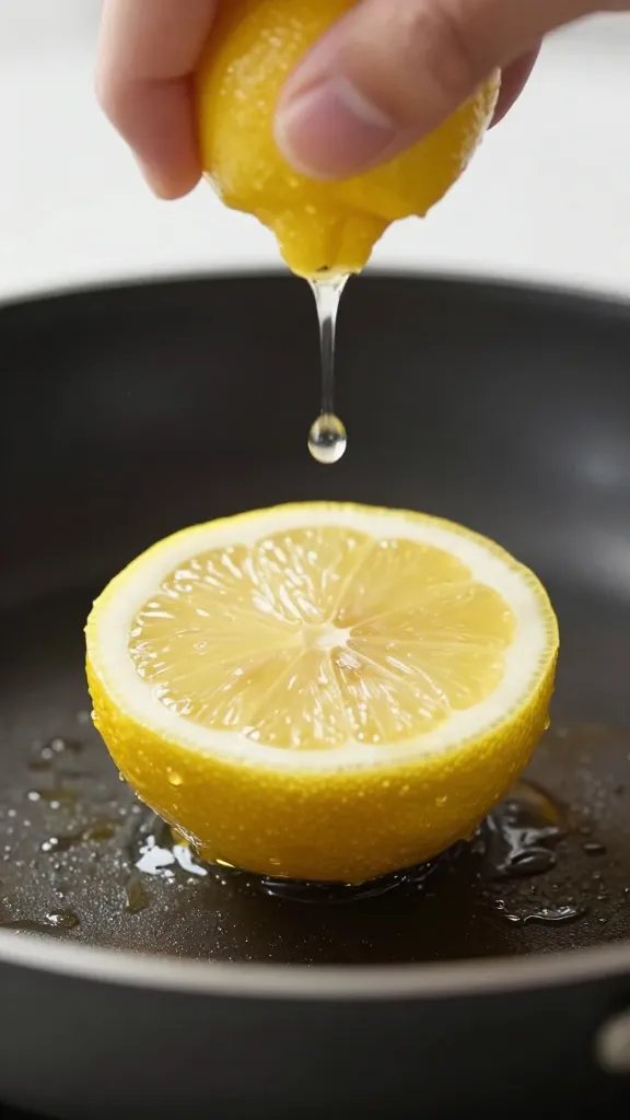 lemon half squeezed over sizzling skillet, focus on droplets