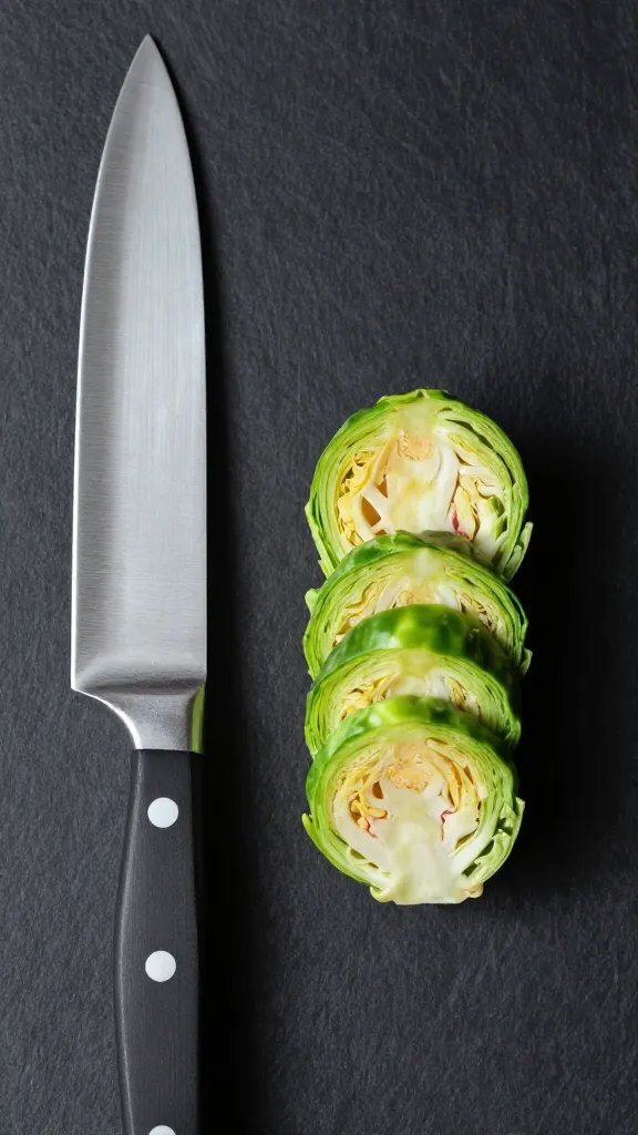 chef’s knife beside halved brussels sprout, tight overhead