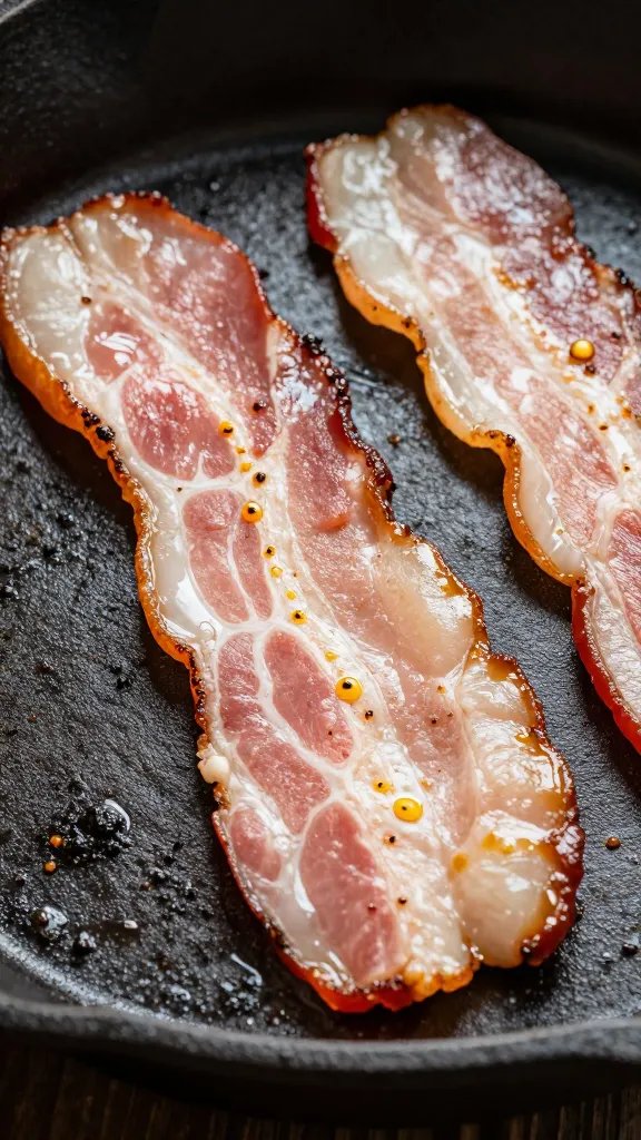 cast-iron skillet surface with bacon fond, macro texture