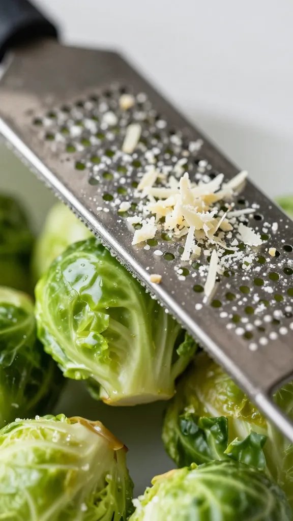 microplane grating parmesan over one brussels sprout, closeup