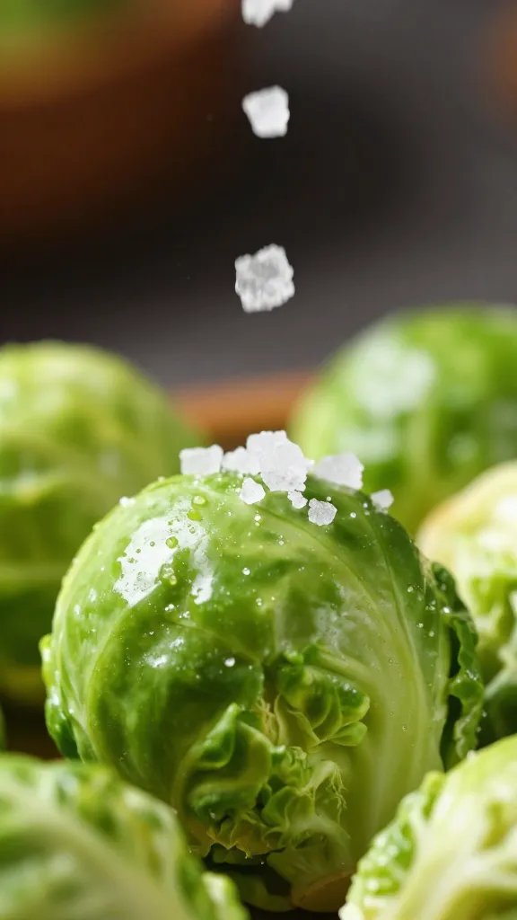 coarse salt pinch falling onto crisp brussels sprout, macro