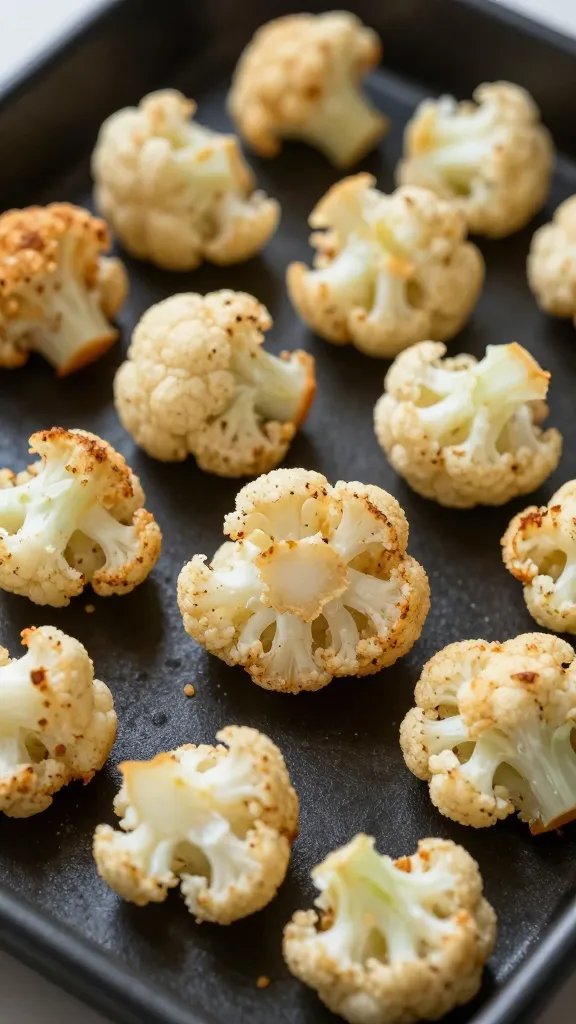 closeup of crispy cauliflower bite on black sheet pan