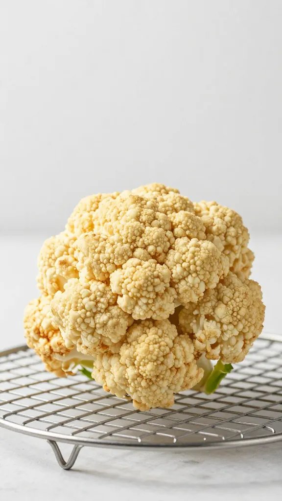 single golden-brown cauliflower floret on wire rack