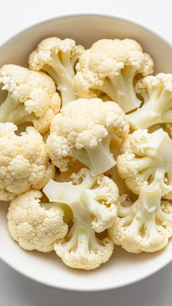white bowl of salted raw cauliflower florets, overhead