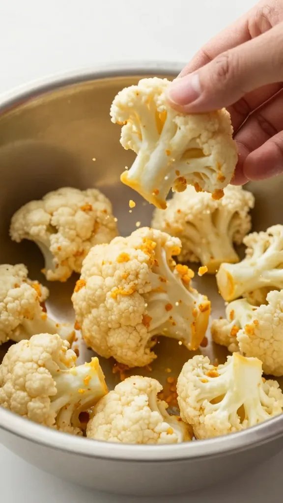 hand tossing cauliflower in thin batter, stainless bowl