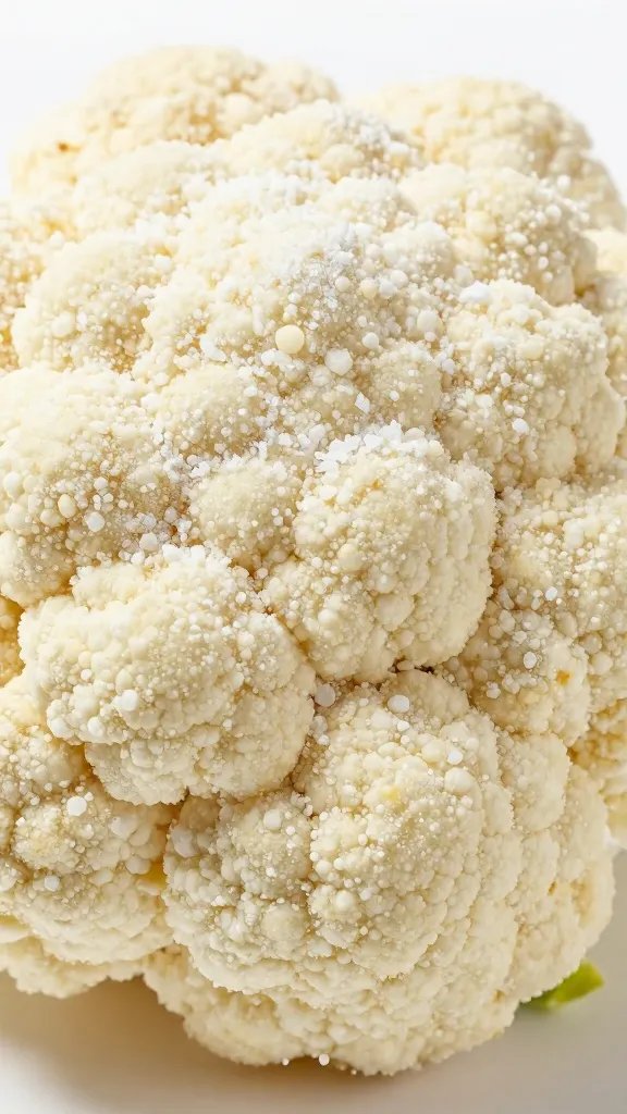 single cauliflower floret dusted with cornstarch, macro