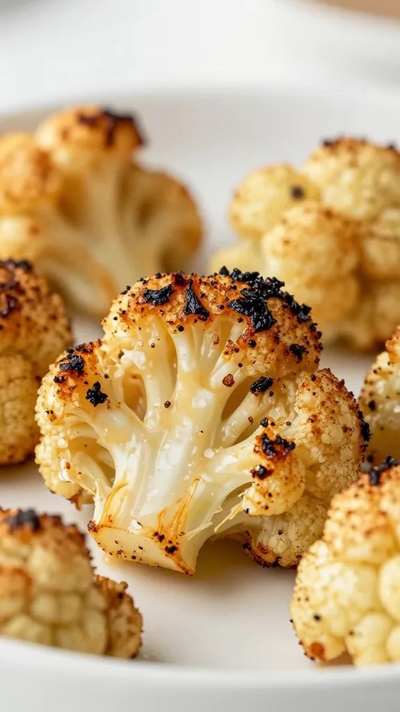 roasted cauliflower bite with blistered crust, side view