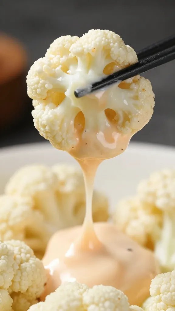 cauliflower bite dipped in buffalo sauce, closeup drip