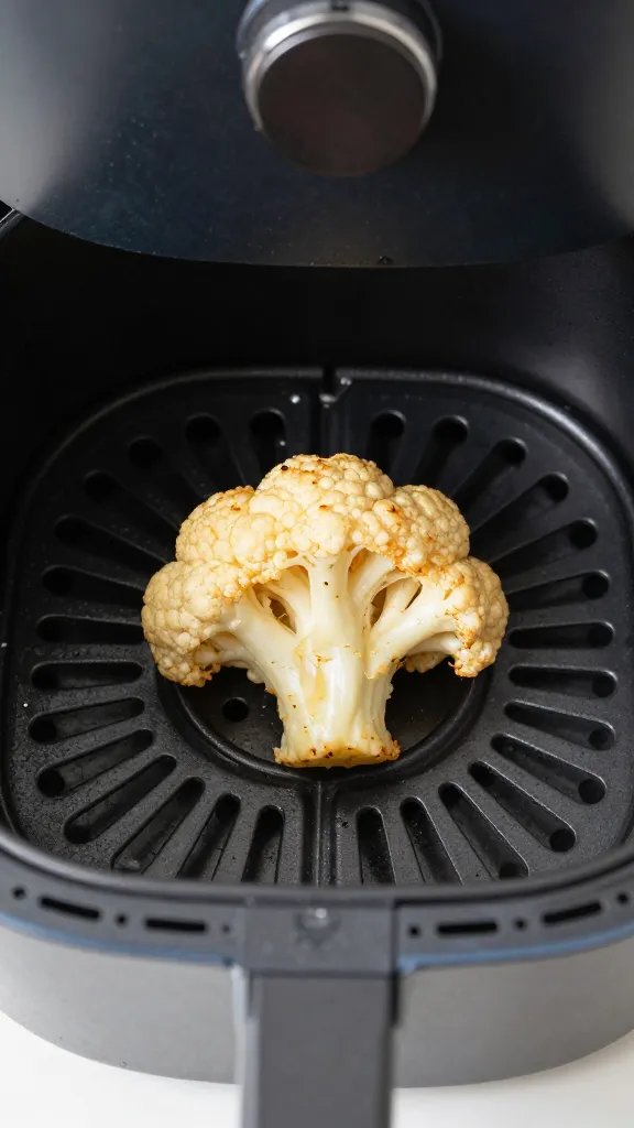 air fryer basket with one crispy cauliflower piece