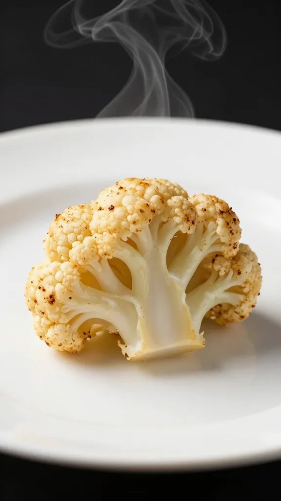 browned cauliflower bite on white plate with steam trail