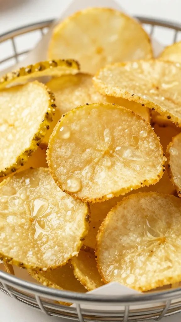 closeup basket of keto air-fried pickle chips