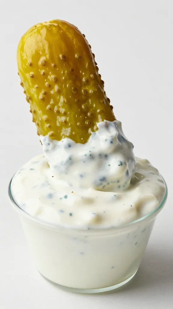 dipping one fried pickle into ranch cup