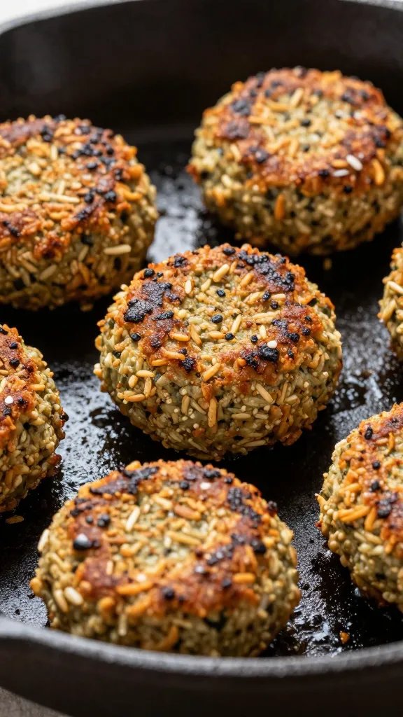 closeup of crispy keto falafel patty on cast-iron skillet