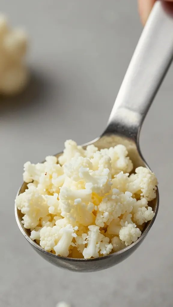 spoonful of riced cauliflower in stainless measuring spoon