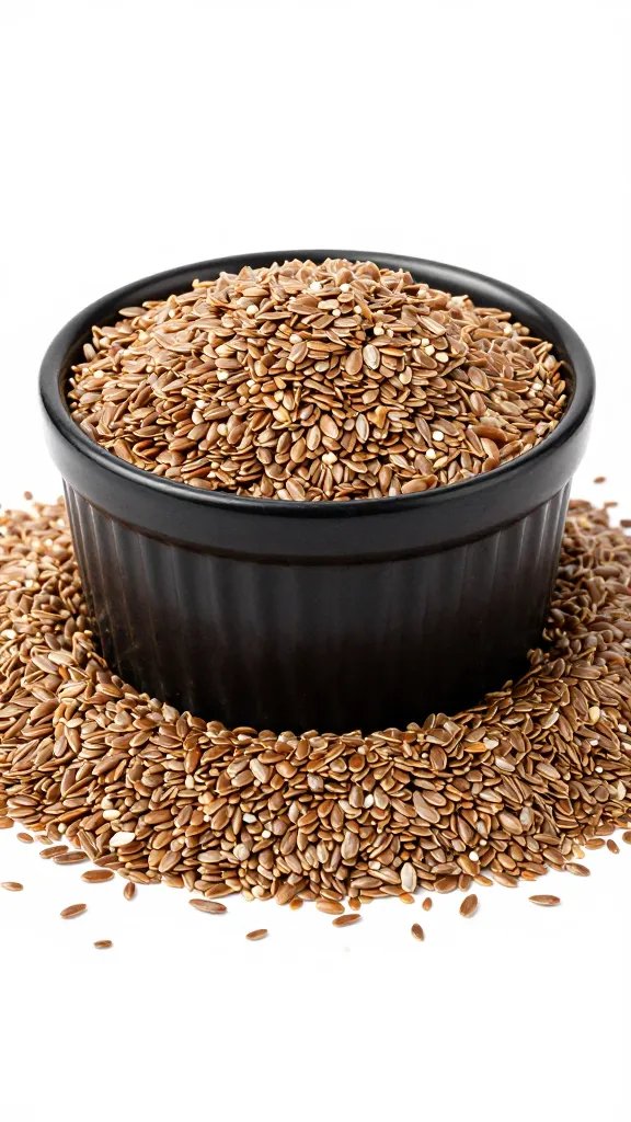 heap of ground flaxseed in matte black ramekin