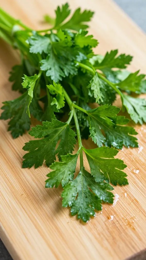 fresh parsley bunch on wet cutting board closeup