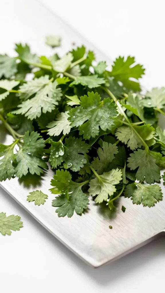 cilantro leaves finely chopped on chef’s knife blade