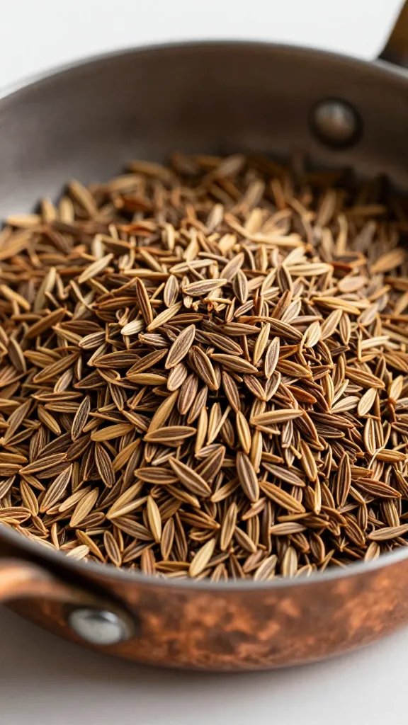 toasted cumin seeds in tiny copper pan closeup
