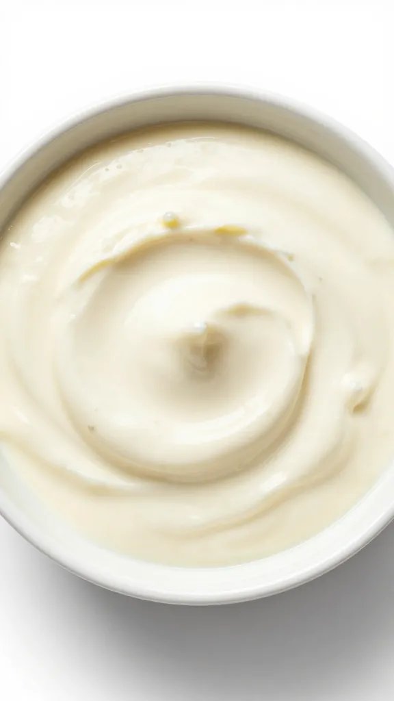 dollop of tahini yogurt sauce in white dipping bowl