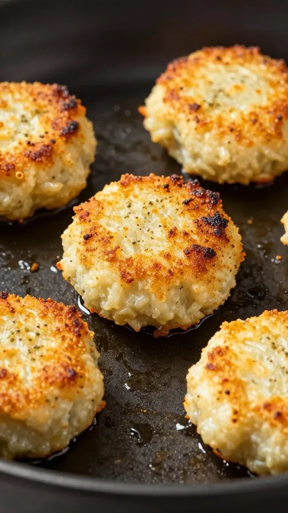 closeup keto crab cake with crusty edges on skillet