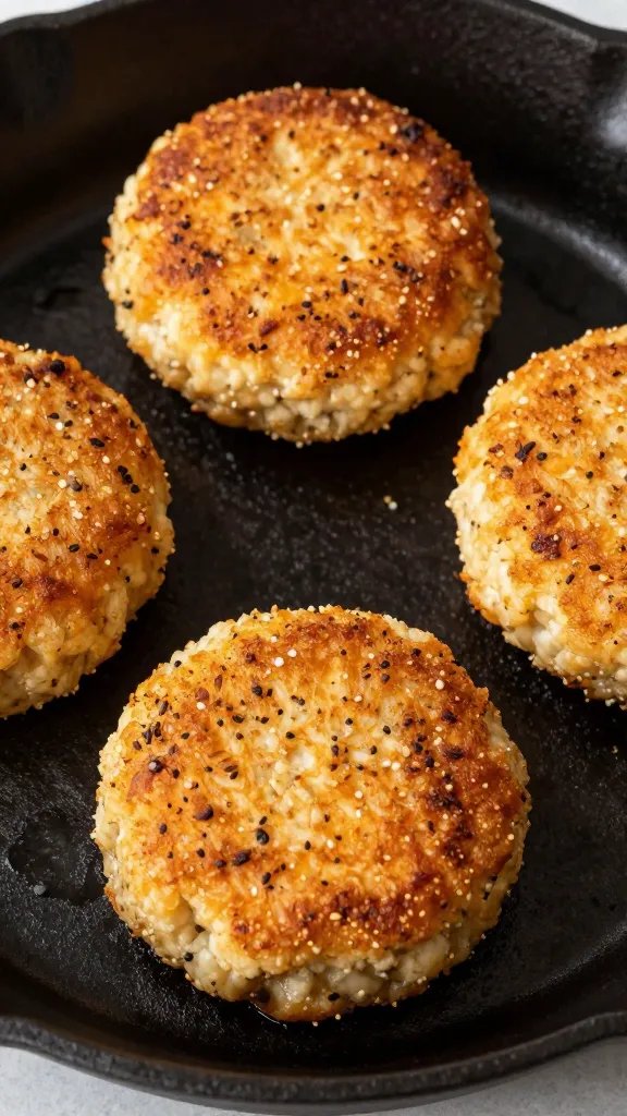 golden keto crab cake on black cast-iron pan