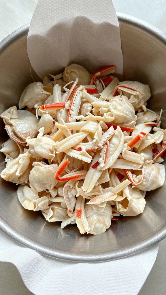 paper towel–dried lump crab meat in stainless bowl