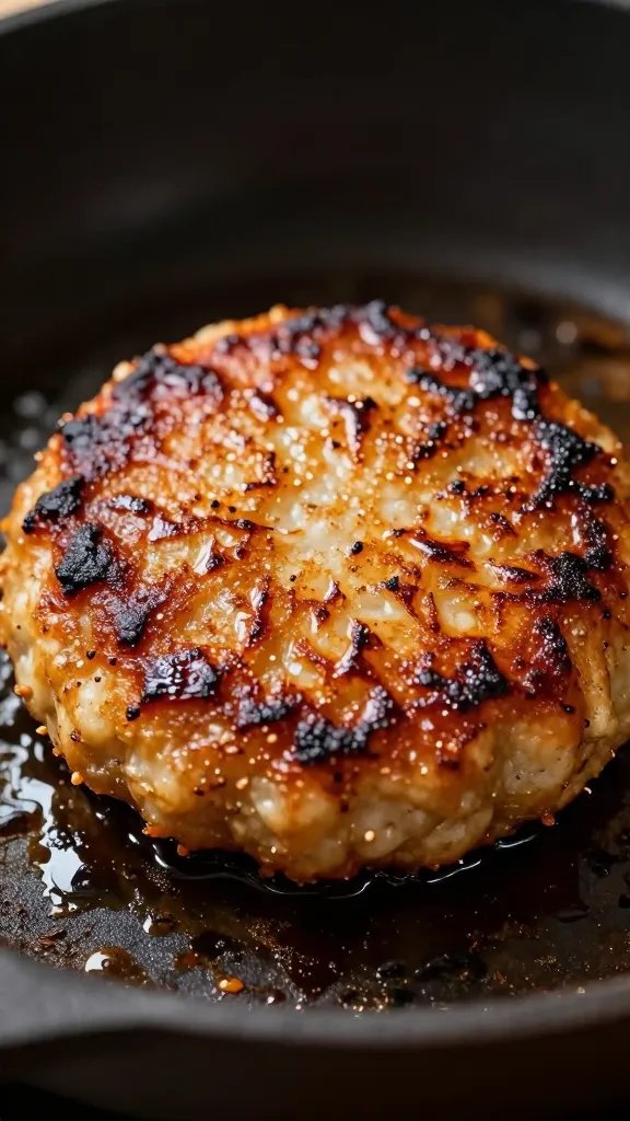 sizzling crab cake patty mid-sear, browned surface