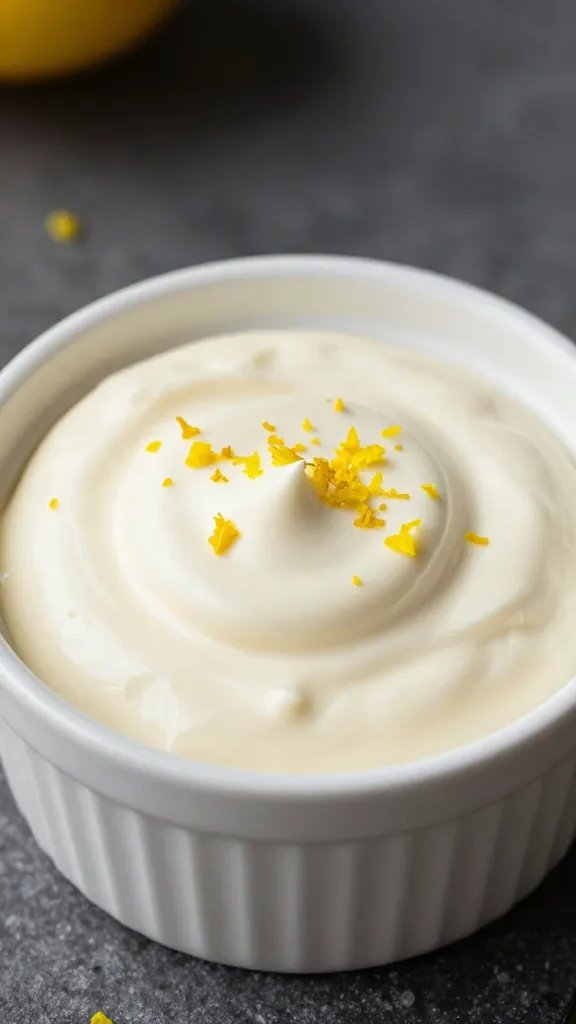 lemon zest scattered atop creamy aioli in ramekin