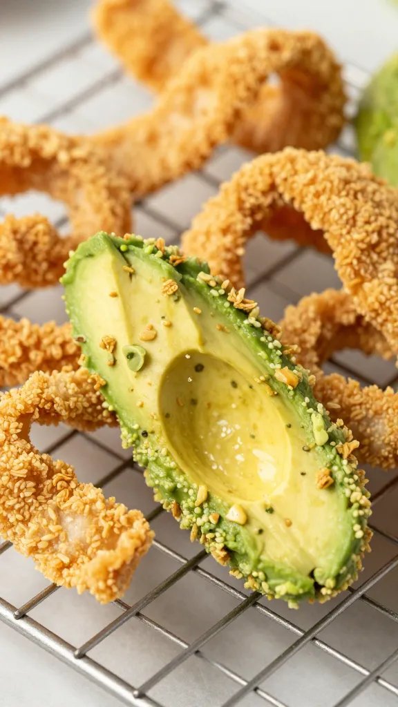 closeup of pork rind crusted avocado fry on wire rack
