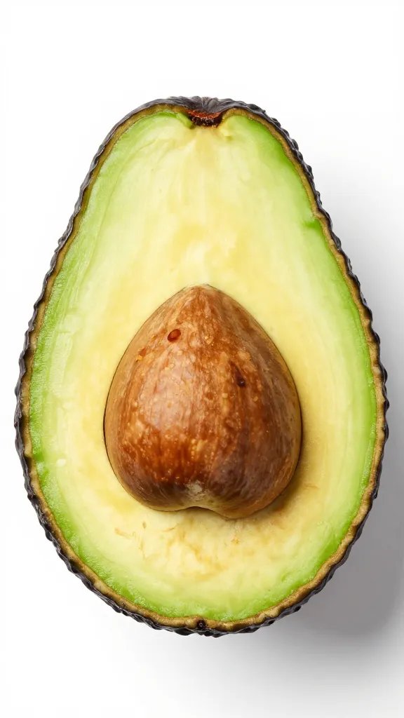 single halved avocado showing firm, matte dark skin