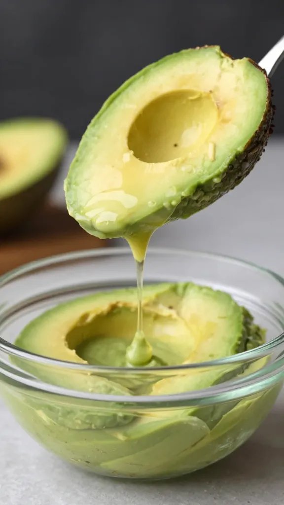 egg-washed avocado wedge dripping over glass bowl