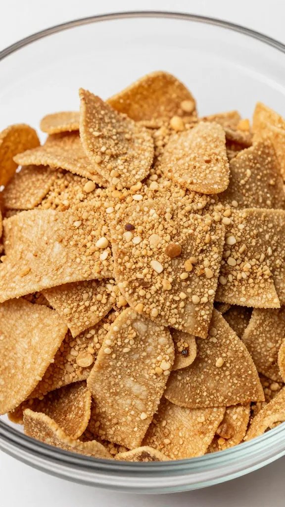 crushed pork rinds in clear prep bowl, coarse texture
