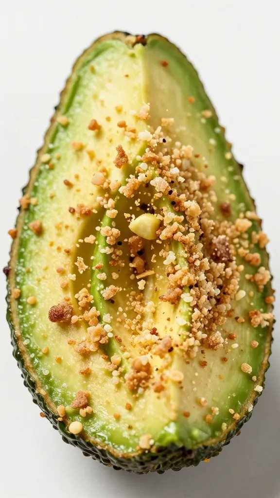 avocado wedge coated in pork rind crumbs, macro shot