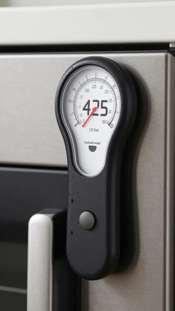 instant-read thermometer reading 425°F near oven door