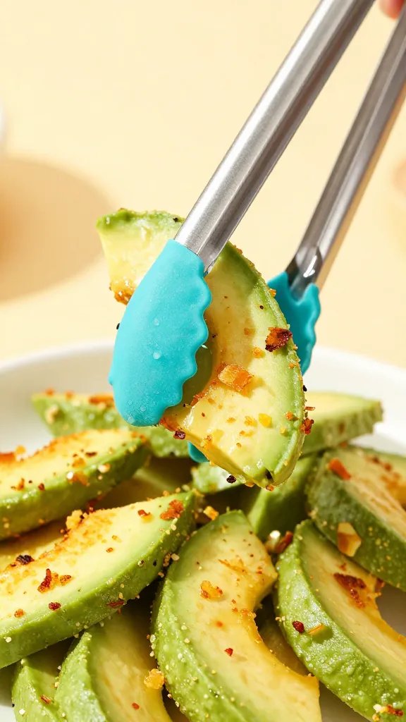 silicone-tipped tongs gripping crispy avocado fry