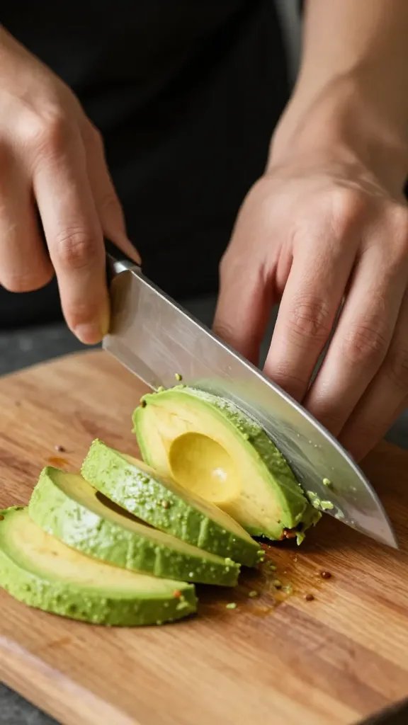 chef’s knife slicing firm avocado on wooden board