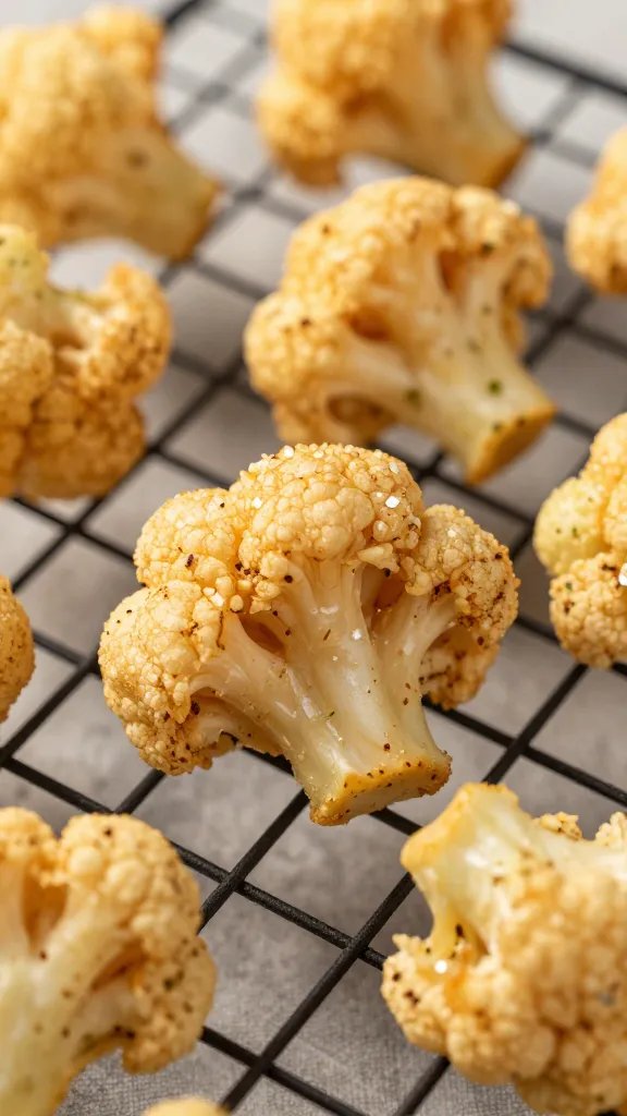 closeup of crispy buffalo cauliflower on wire rack