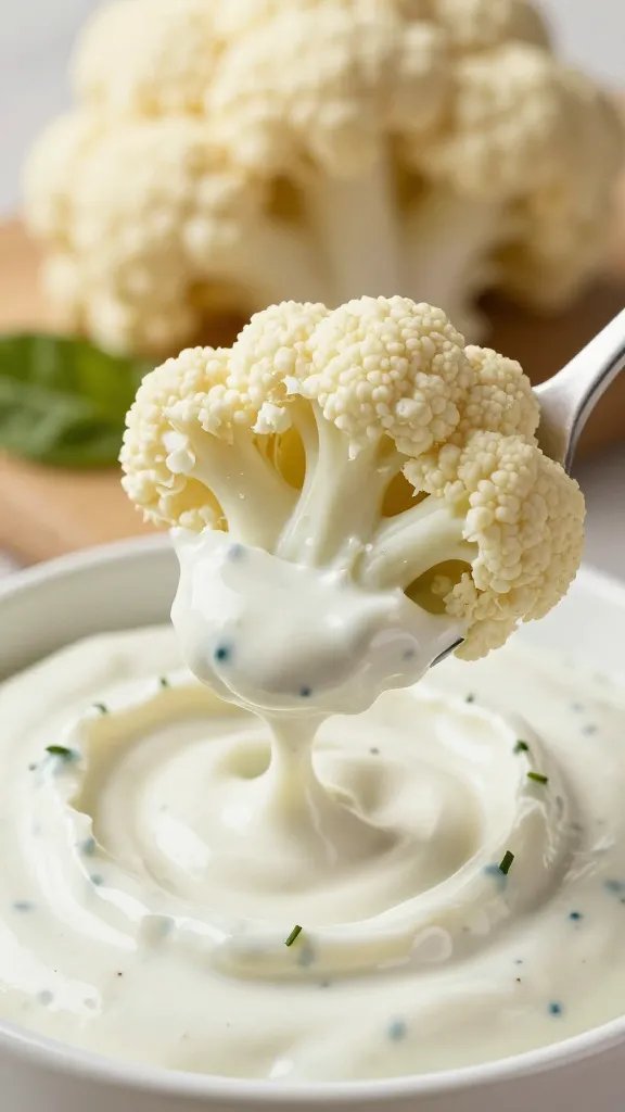 ranch dip clinging to one cauliflower bite, macro