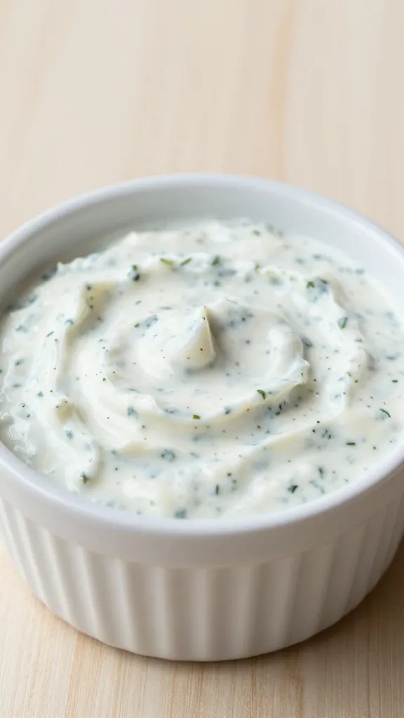 single ramekin of thick ranch with herb flecks