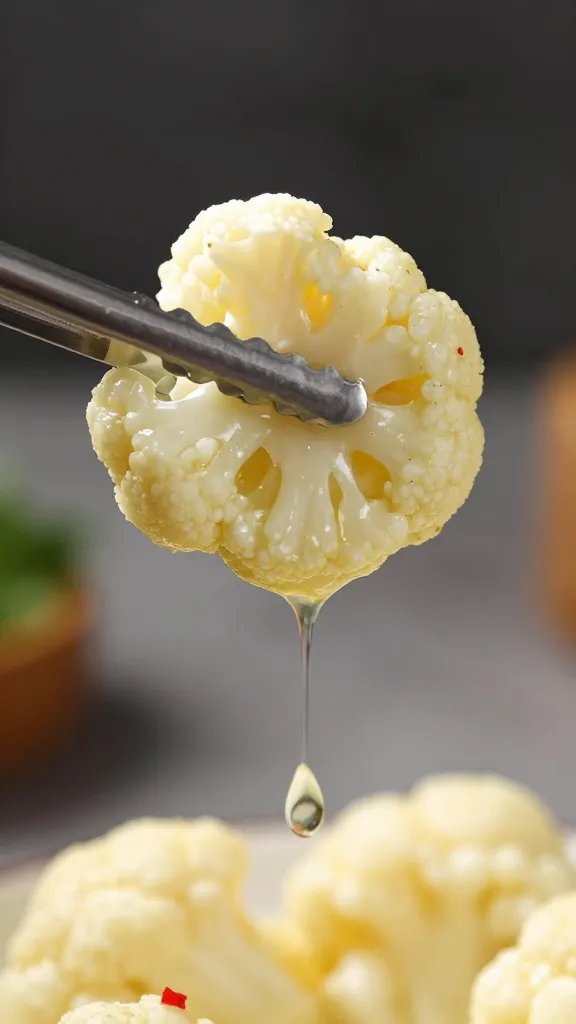 tongs holding one sauced cauliflower bite, drips visible