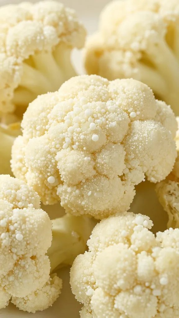 cornstarch-dusted cauliflower floret before battering, macro