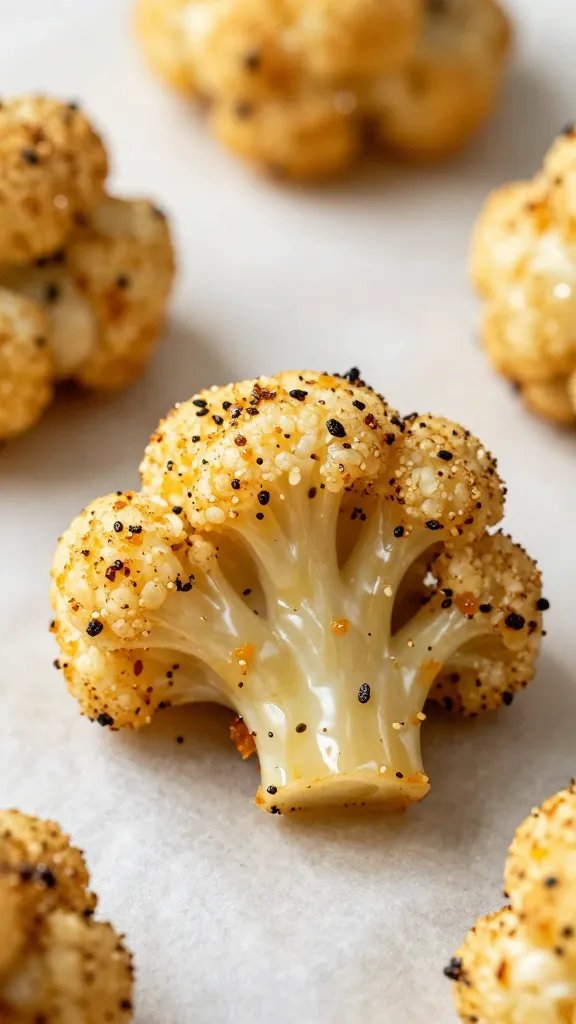 finished buffalo cauliflower bite on parchment, extreme closeup